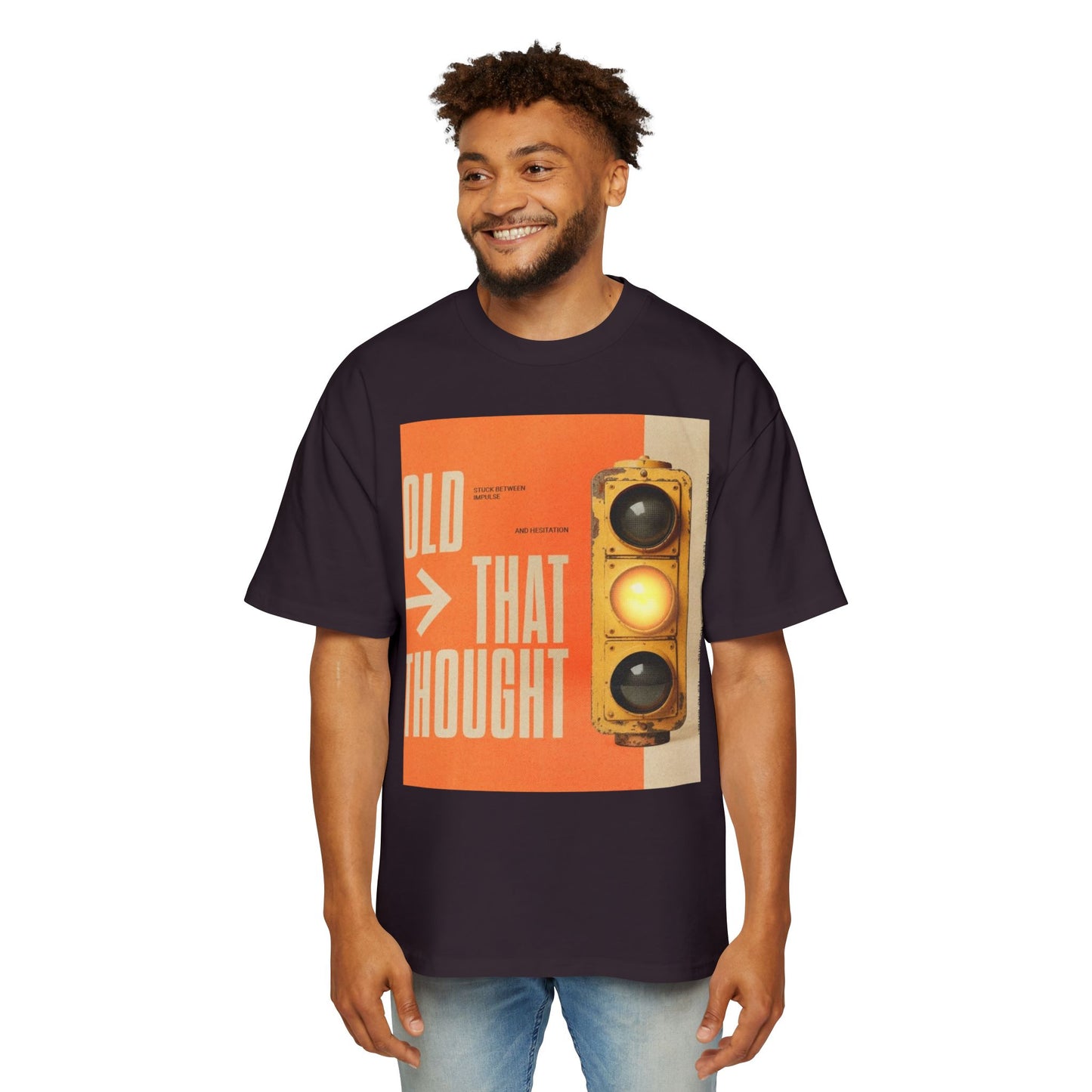 Oversized Tee — Retro Traffic Light 'Hold That Thought' Graphic