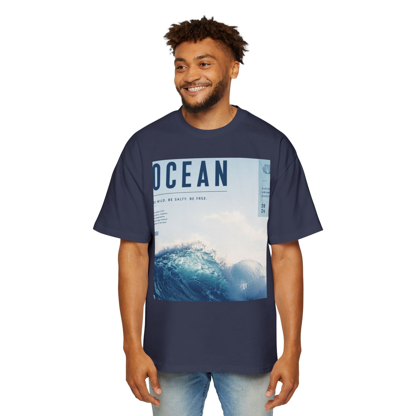 Ocean Wave Graphic Tee — "OCEAN" Photo Print Oversized Men's T-Shirt