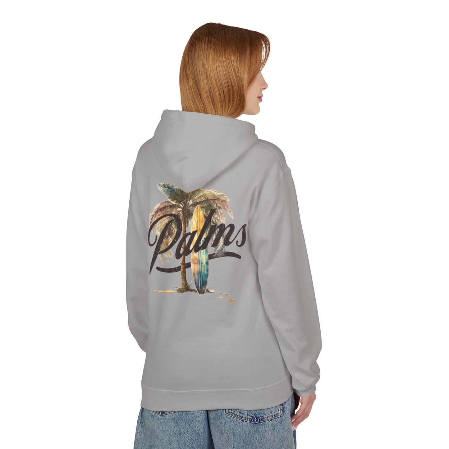 Cozy Beach Vibes Hoodie - Palm Tree & Surf Design