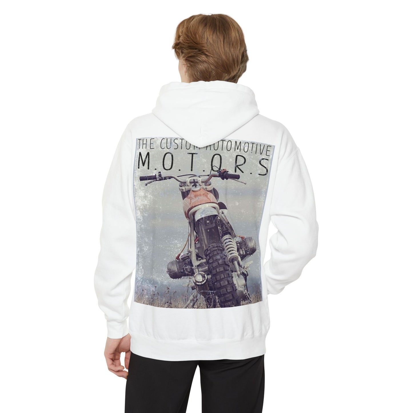 White Hoodie with Retro Skate Sticker Graphic — Vintage Skateboard Design