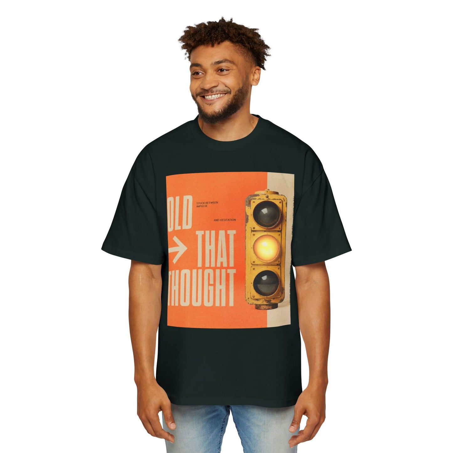 Oversized Tee — Retro Traffic Light 'Hold That Thought' Graphic