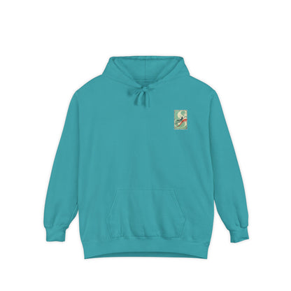 White Hoodie with Retro Skate Sticker Graphic — Vintage Skateboard Design