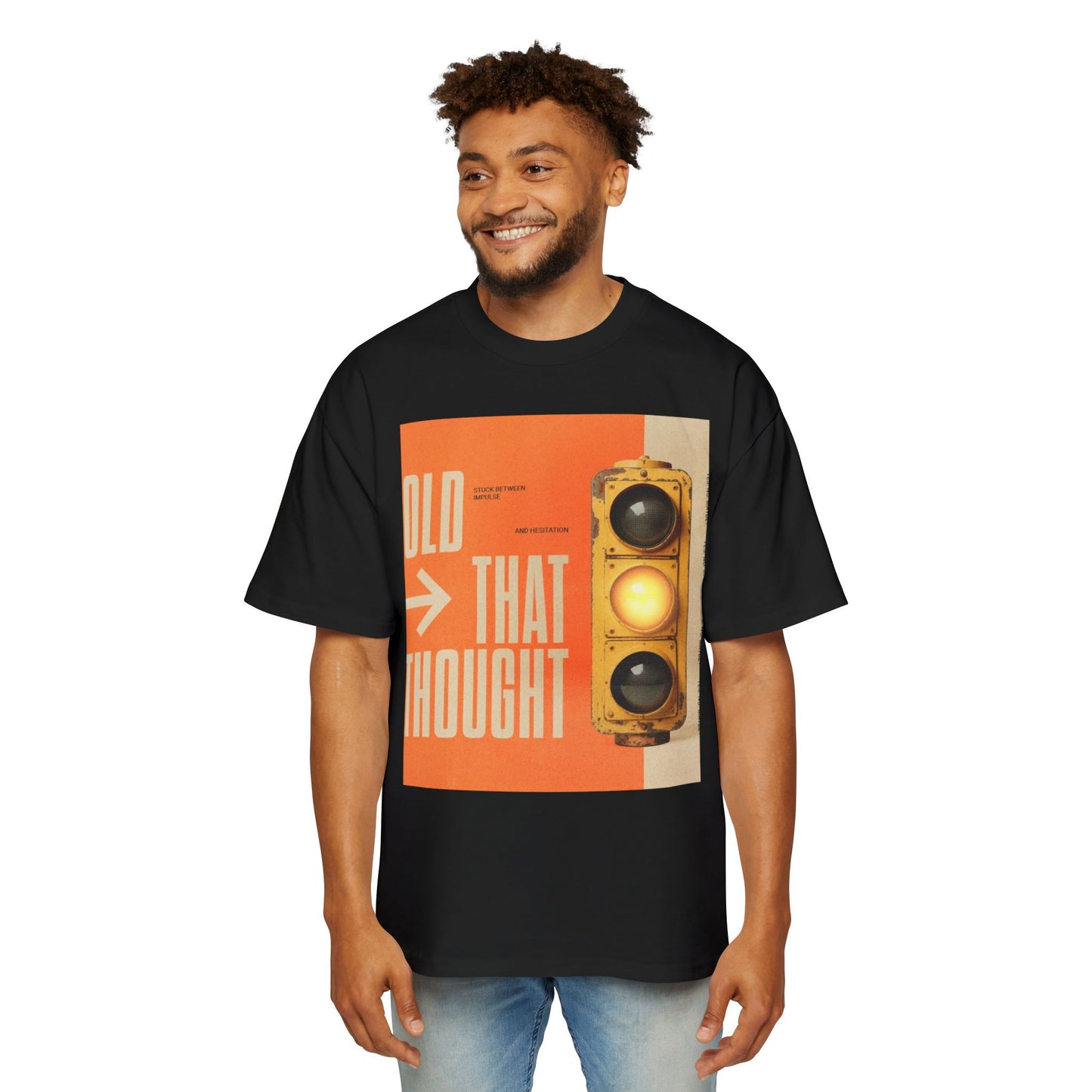Oversized Tee — Retro Traffic Light 'Hold That Thought' Graphic