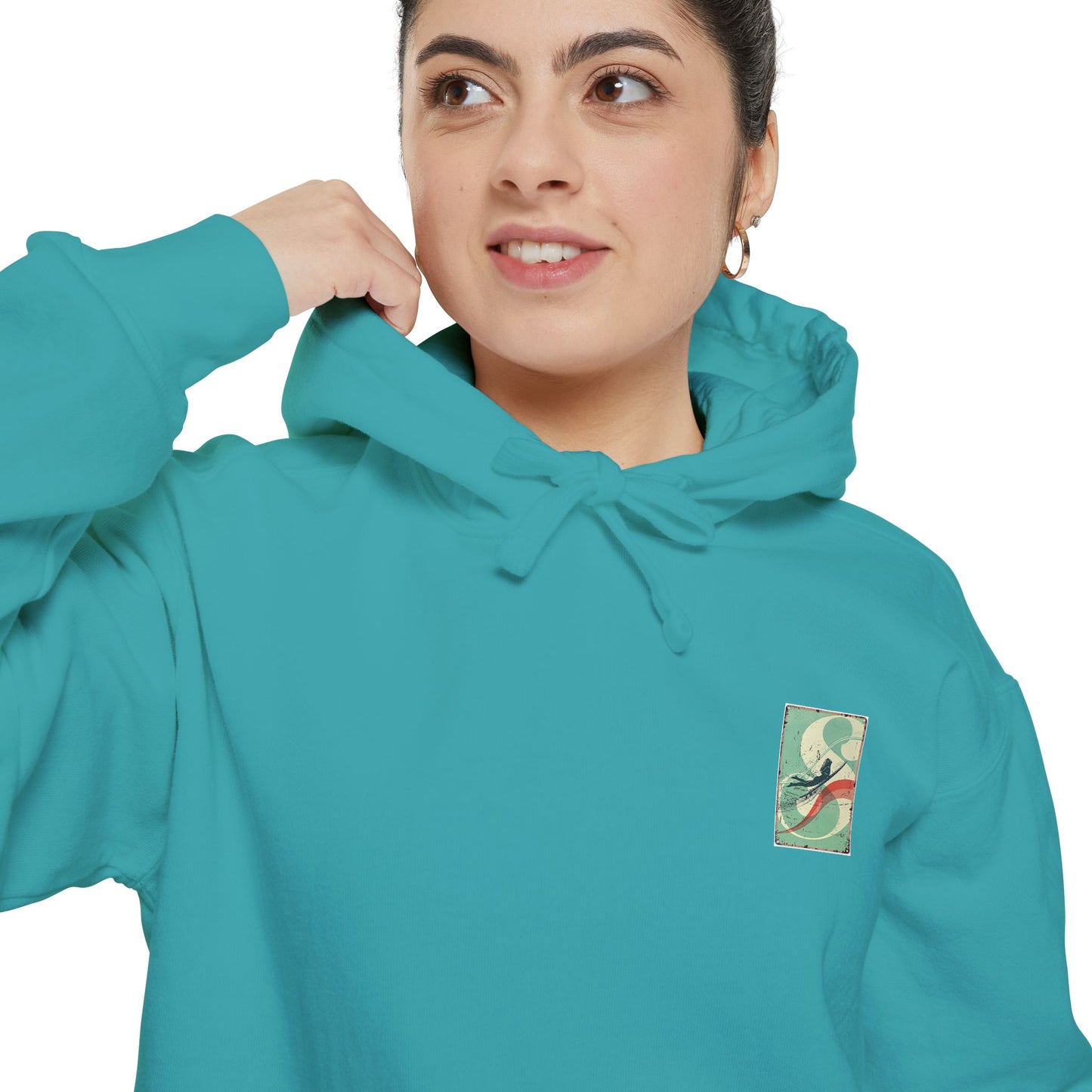 White Hoodie with Retro Skate Sticker Graphic — Vintage Skateboard Design