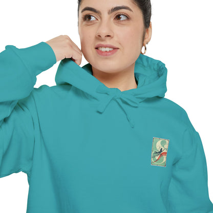 White Hoodie with Retro Skate Sticker Graphic — Vintage Skateboard Design