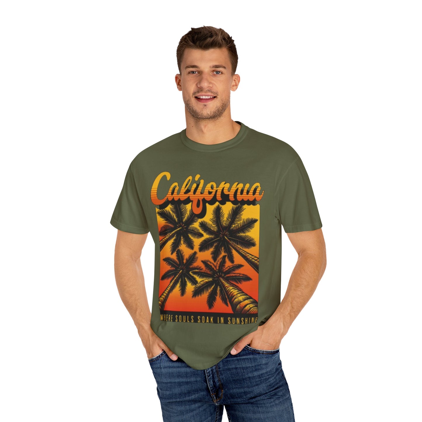 California Sunset T-Shirt - Garment-Dyed Unisex Tee with Palm Tree Design